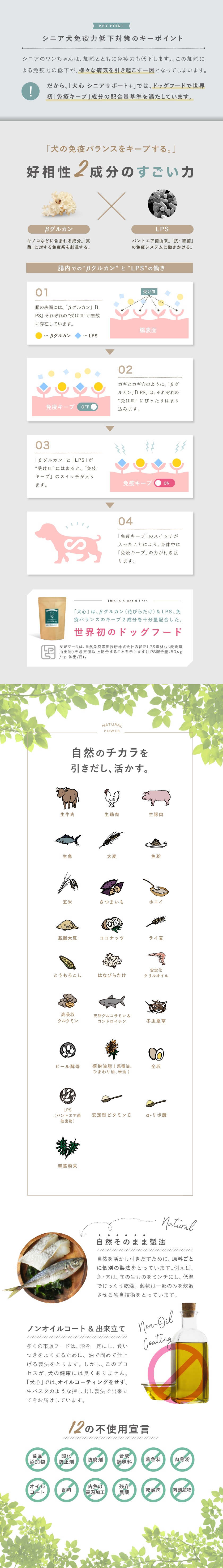「犬心 シニアサポート+」は、認知症・てんかん・関節炎に対応した栄養とともに、ナチュラル原料・製法にこだわったシニア犬専用ドッグフードです。